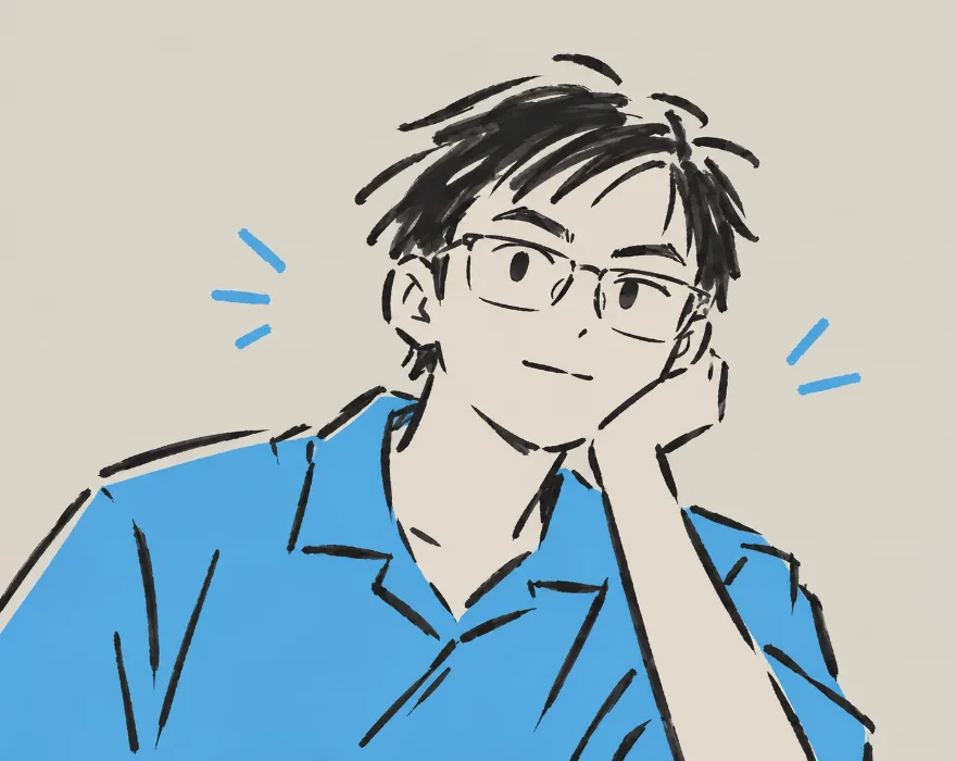 Tan Zu Bin, drawn in black ink with a blue shirt, chin resting on one hand