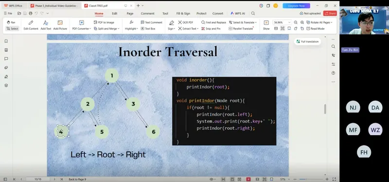 An online class in progress, slides showing inorder tree traversal in Java beside the recursive code.