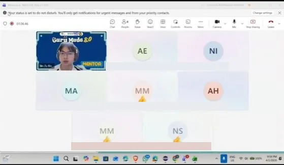A Teams call with a grid of students, Tan on camera with a MENTOR badge on his tile.